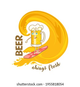 Beer mug cartoon character. Poster with the beer wave logo for advertising draught beer