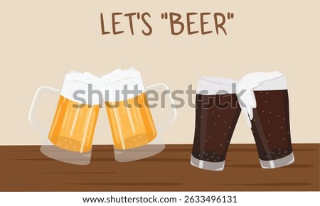 Beer mug cartoon vector. Clipart of clinking beer mugs with foam. Pint glass of light beer and stout of dark ale. Flat vector in cartoon style isolated on wooden table background. Summer element.