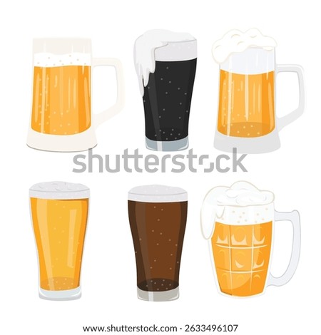 Beer mug cartoon vector set. Glass of beer clipart with different styles of beer and mug, light, lager, frothy, dark stout. Flat vector in cartoon style isolated on white background. Summer drinks.