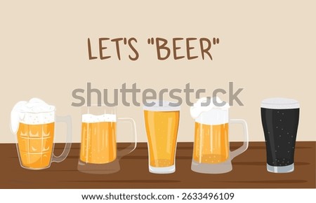 Beer mug cartoon vector set on table background. Glass of beer clipart with different styles of beer and mug, light, lager, frothy, dark stout. Summer element.
