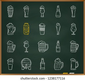 Beer Mug chalk icons set. Outline web sign kit of tall glass. Pub linear icon collection includes ale pint, drink can, foam bubbles. Hand drawn simple bar ware symbol on chalkboard vector Illustration