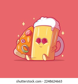 Beer mug character holding a pizza slice vector illustration. Drink, food, funny design concept.