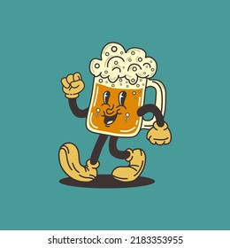 Beer mug character mascot. Retro cartoon style. Vector illustration.