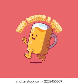 Beer Mug character running vector illustration. Drink, logo, brand design concept.