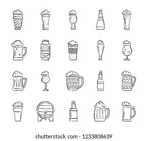 Beer mug charcoal icons set. Grunge outline web sign kit of tall glass. Pub bar linear icon collection includes stein, pilsner, brewery. Hand drawn simple beer pint symbol on white Vector Illustration