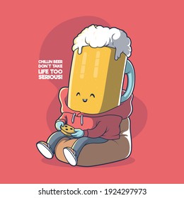Beer mug Chillin vector illustration. Stay home, party, fun, motivation design concept.