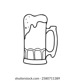 Beer Mug. Cold drink with foam. Symbol of St. Patrick's Day and Traditional German beverage of Octoberfest. Hand drawn Black and White graphic Vector illustration in Doodle style isolated on