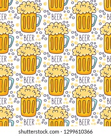 Beer mug colorful cute cartoon doodle seamless vector pattern