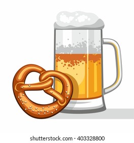 Beer mug, coloured picture. Poured into a mug of light beer. Mug leaned on the salty pretzel. Vector picture. Color flat illustration on white background. 