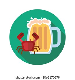 Beer mug with crab flat design long shadow color icon. Ale. Vector silhouette illustration