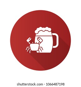 Beer mug with crab flat design long shadow glyph icon. Ale. Vector silhouette illustration