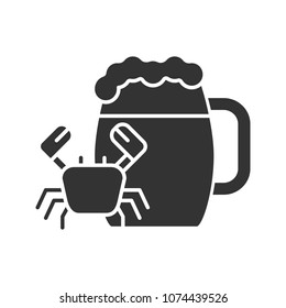 Beer mug with crab glyph icon. Ale. Silhouette symbol. Negative space. Vector isolated illustration