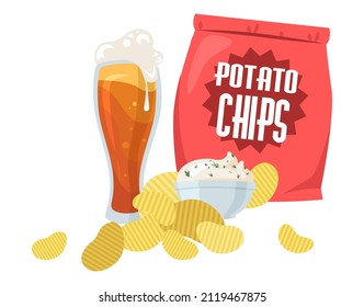 Beer mug and crispy potato chips, flat vector illustration. Light beer with crisps, salted and fried potato slices. Snack food.