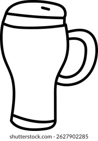 A beer mug is depicted in a bold black line art style.  The image shows a stout glass with a handle for a beverage. Cartoon vector illustration