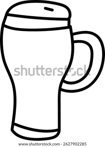 A beer mug is depicted in a bold black line art style.  The image shows a stout glass with a handle for a beverage. Cartoon vector illustration