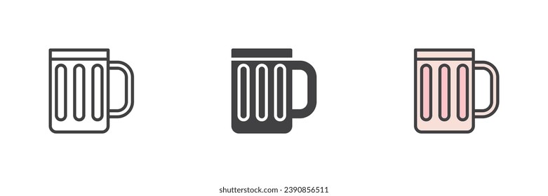 Juego de iconos de estilos diferentes para jarras de cerveza. Línea, glifo y contorno relleno versión colorida, contorno y signo vectorial relleno. Símbolo, ilustración del logotipo. Gráficos vectoriales