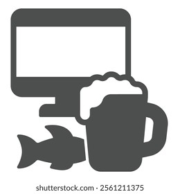 Beer mug and dryed fish at monitor solid icon, fishery concept. Vector graphics. Fisher man joy drink sign on white background, glyph style icon for mobile or web design