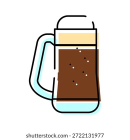 Caneca de cerveja com um líquido marrom refrescante com uma cabeça espumosa e bolhas efervescentes, representando uma bebida alcoólica clássica ou opção de bebida não alcoólica