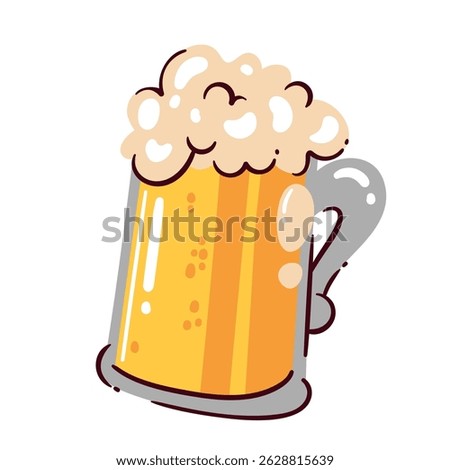 Beer mug filled with golden yellow beer and large frothy foam head, drawn in fun cartoon doodle style. Great for pub menus, Oktoberfest, or party designs. Vector illustration of beer mug.