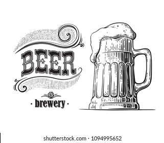 beer mug filled with beer. Vintage vector engraving sketch illustration for web, poster, invitation to party. Hand drawn design element isolated on white background.