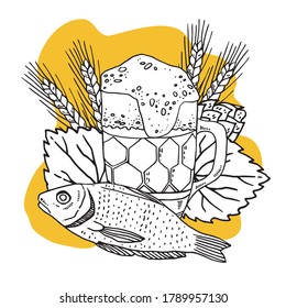 Beer mug with fish, hop and wheat plant on the background. Hand drawn outline vector sketch illustration.