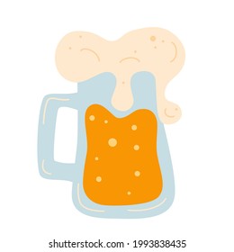 Beer mug with foam. Alcohol drink. Frothy tankard of golden beer with a good head of froth overflowing the glass. Oktoberfest. Vector cartoon illustration.