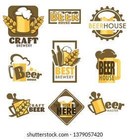 Beer mug with foam and barley or wheat craft drink isolated icons vector alcohol beverage bottle and glass cup emblem or logo bar or pub manufactured refreshment of hop brewery organic product
