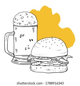 Beer mug with foam and burger. Hand drawn outline vector sketch illustration with colorful spot on the background