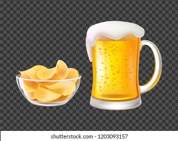 Beer in mug with foam and chips in bowl for snack. Alcohol drink inside big glass cup, snack of fried potato slices realistic 3D vector illustrations.