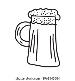 Beer mug with foam hand-drawn in the style of doodle graphics. An isolated element. Foamy drink in a mug