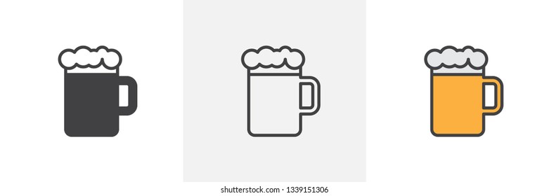 Beer mug with foam icon. Line, glyph and filled outline colorful version, Glass of beer outline and filled vector sign. Bar, pub symbol, logo illustration. Different style icons set. Vector graphics