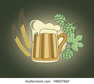 Beer mug with foam and ingredients (hops and spikes, grain). Vintage, retro illustration.