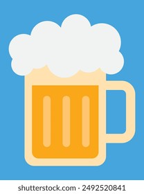 Beer mug with foam, isolated on a blue background. Beer mug icon emoji illustration. Cheer up friend. Lager beer. Have a beer with your friends. Great for pub menu illustrations. Cold drinks concept.