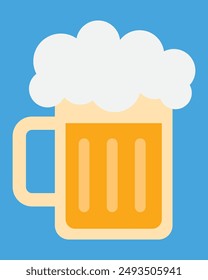 Beer mug with foam, isolated on a blue background. Beer mug icon emoji illustration. Cheer up friend. Lager beer. Have a beer with your friends. Great for pub menu illustrations. Cold drinks concept.