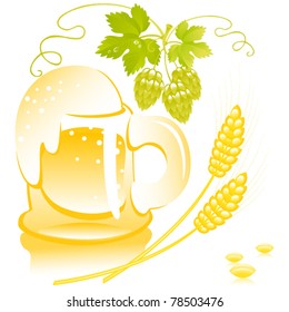 beer of mug  with foam on the background of wheat and hop. Vector.