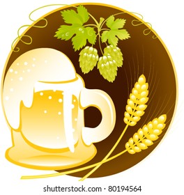 beer of mug  with foam on a black circle. Vector.