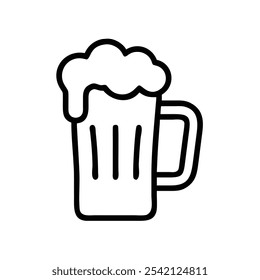 Beer Mug with Foam Outline Icon, Simple black and white outline of a beer mug with foam, ideal for bar logos, pub signs, and celebration or drink-themed graphics.