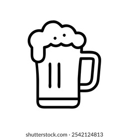 Beer Mug with Foam Outline Icon, Simple black and white outline of a beer mug with foam, ideal for bar logos, pub signs, and celebration or drink-themed graphics.