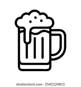 Beer Mug with Foam Outline Icon, Simple black and white outline of a beer mug with foam, ideal for bar logos, pub signs, and celebration or drink-themed graphics.