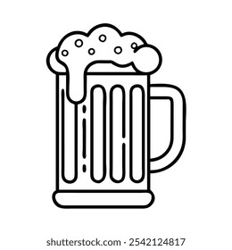 Beer Mug with Foam Outline Icon, Simple black and white outline of a beer mug with foam, ideal for bar logos, pub signs, and celebration or drink-themed graphics.