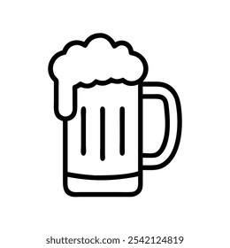 Beer Mug with Foam Outline Icon, Simple black and white outline of a beer mug with foam, ideal for bar logos, pub signs, and celebration or drink-themed graphics.