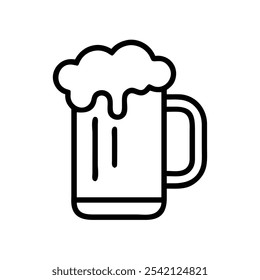 Beer Mug with Foam Outline Icon, Simple black and white outline of a beer mug with foam, ideal for bar logos, pub signs, and celebration or drink-themed graphics.