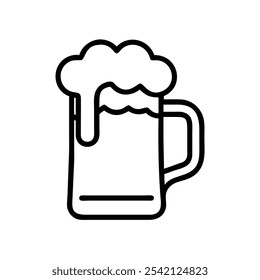 Beer Mug with Foam Outline Icon, Simple black and white outline of a beer mug with foam, ideal for bar logos, pub signs, and celebration or drink-themed graphics.