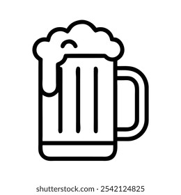 Beer Mug with Foam Outline Icon, Simple black and white outline of a beer mug with foam, ideal for bar logos, pub signs, and celebration or drink-themed graphics.