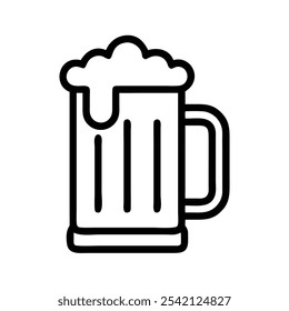 Beer Mug with Foam Outline Icon, Simple black and white outline of a beer mug with foam, ideal for bar logos, pub signs, and celebration or drink-themed graphics.