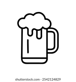 Beer Mug with Foam Outline Icon, Simple black and white outline of a beer mug with foam, ideal for bar logos, pub signs, and celebration or drink-themed graphics.