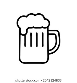 Beer Mug with Foam Outline Icon, Simple black and white outline of a beer mug with foam, ideal for bar logos, pub signs, and celebration or drink-themed graphics.