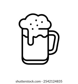 Beer Mug with Foam Outline Icon, Simple black and white outline of a beer mug with foam, ideal for bar logos, pub signs, and celebration or drink-themed graphics.