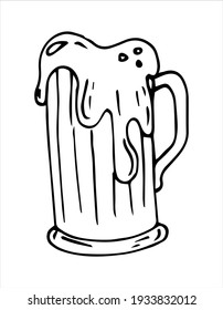 Beer mug with foam, outline,Vector illustration,hand drawn. Design for bar or pub menu.