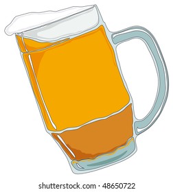 Beer. A mug of beer. Foam pours over the edge. Isolated on white